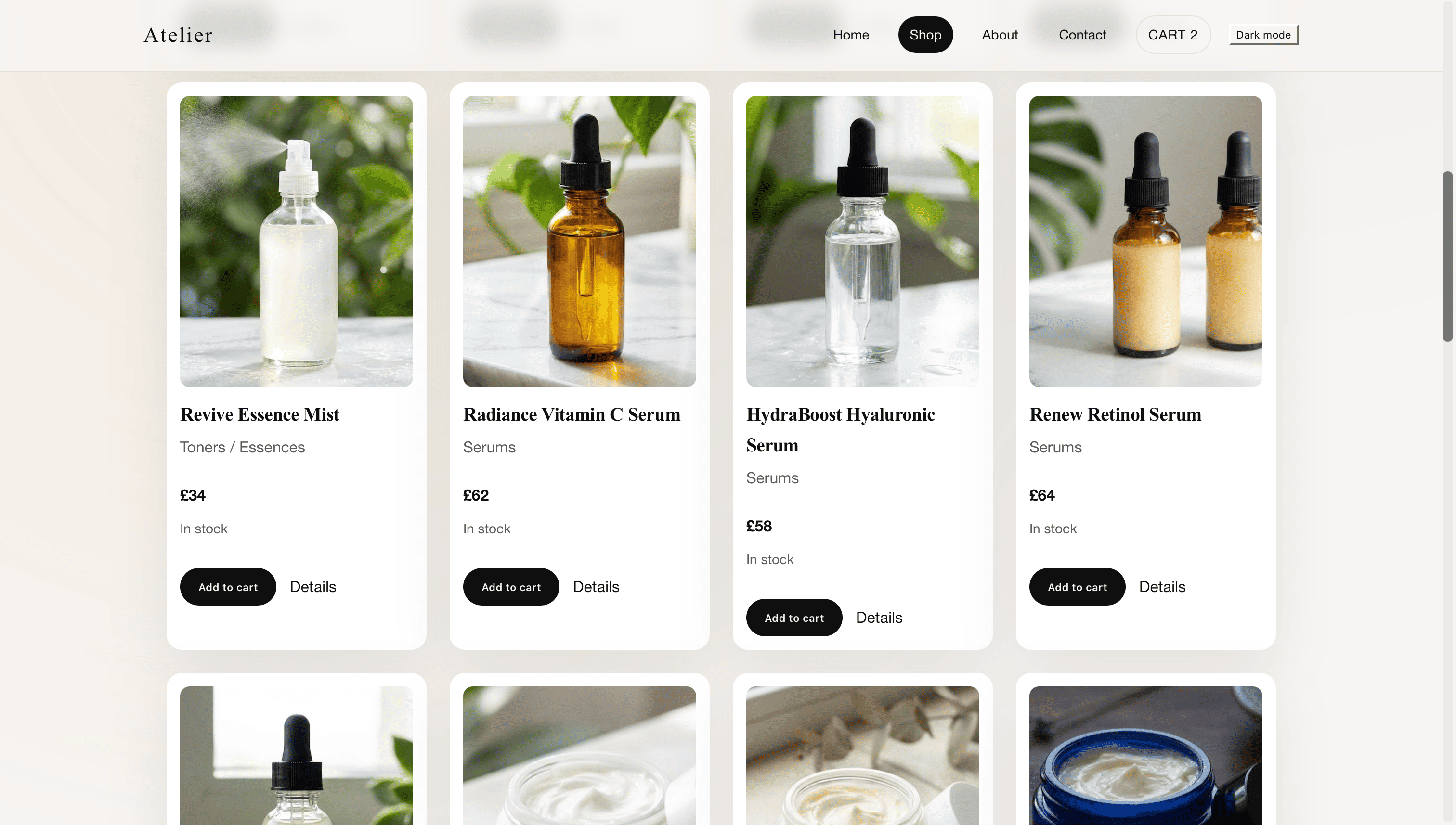 Skincare product detail page