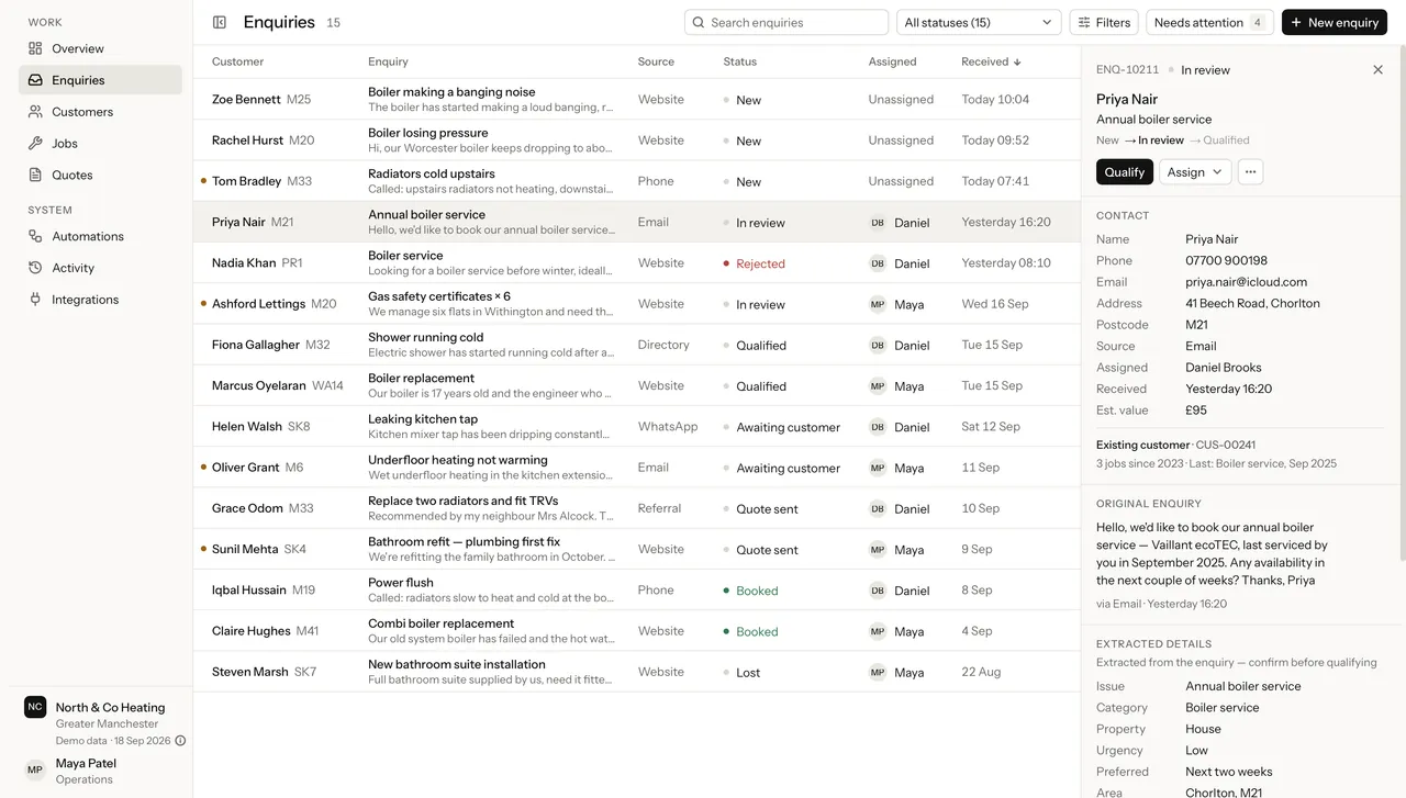 The Enquiries register of an example operations workspace for North & Co Heating: incoming enquiries, each listed with the customer and what they asked for.