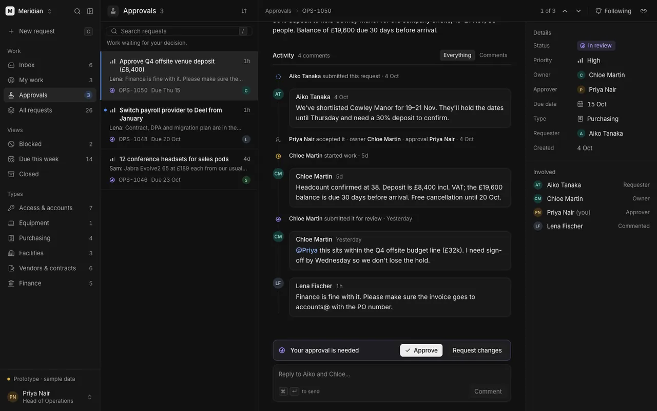 Meridian’s Approvals queue with a venue deposit request open: its conversation and history, its details, and the decision bar to approve it or request changes.