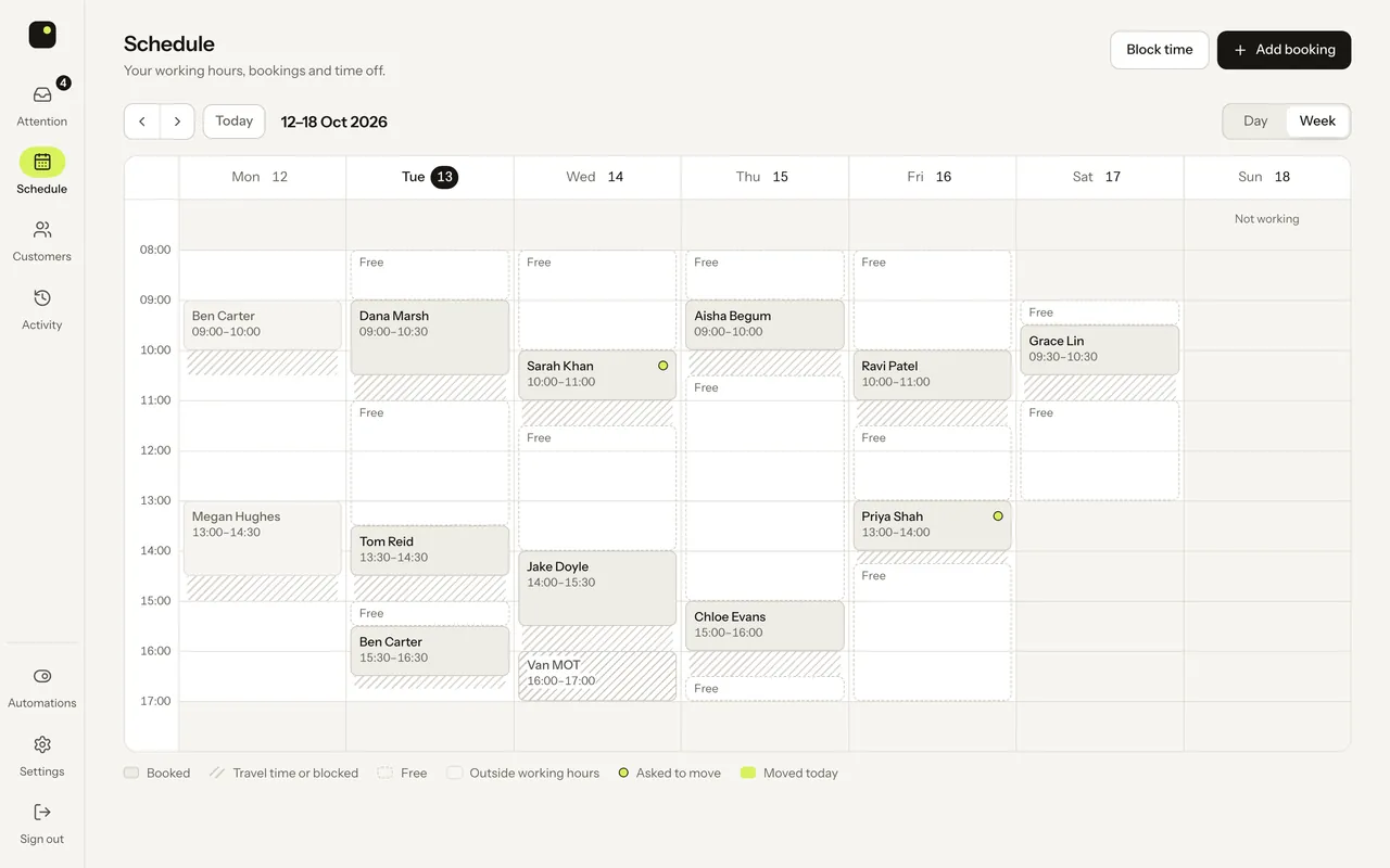 Pingflow schedule for one week: bookings by day with travel time, free slots, and two bookings marked as asked to move.